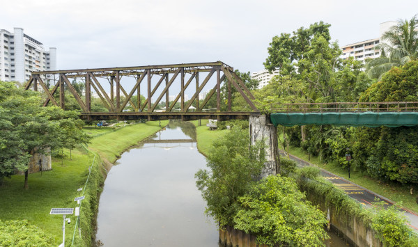 River scene with a rusty truss bridge and greenery.